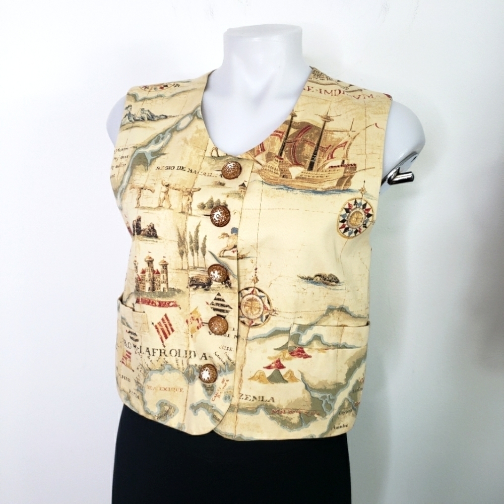 Max & Mabel world map nautical front button vest medium